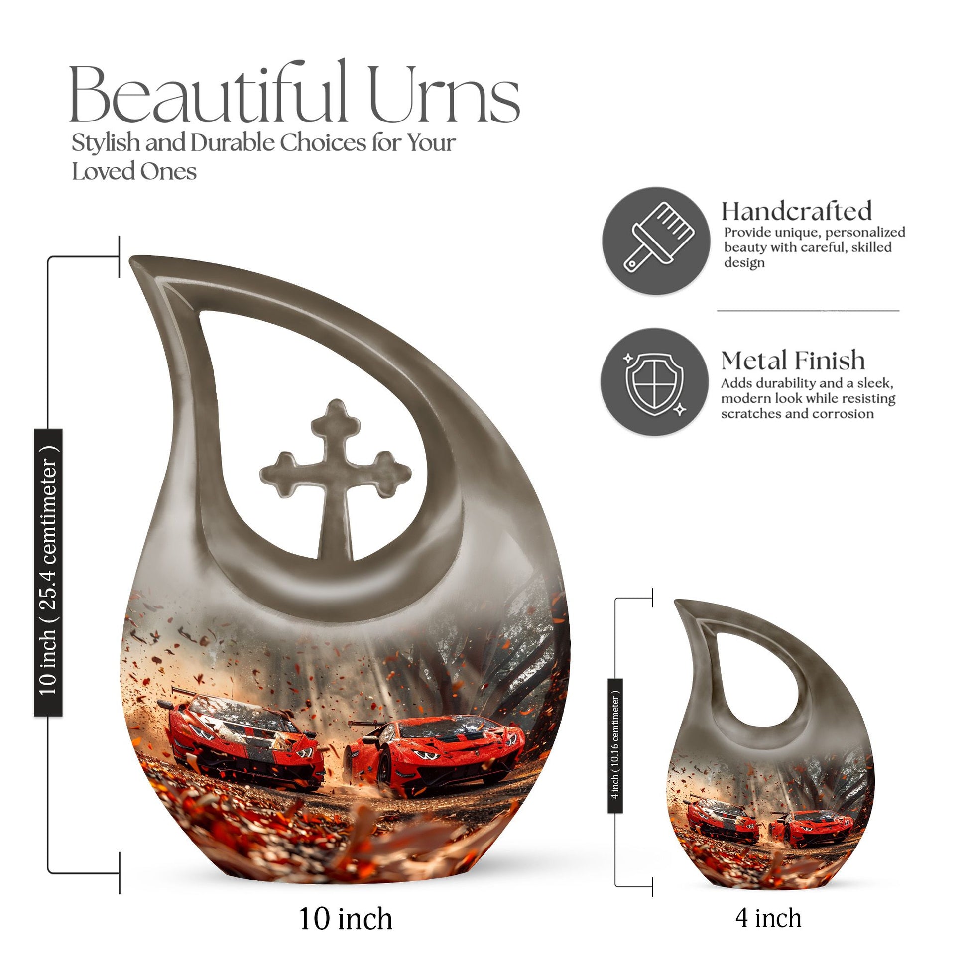 10 inch Cross Drop Car Urn, large aluminium memorial urn