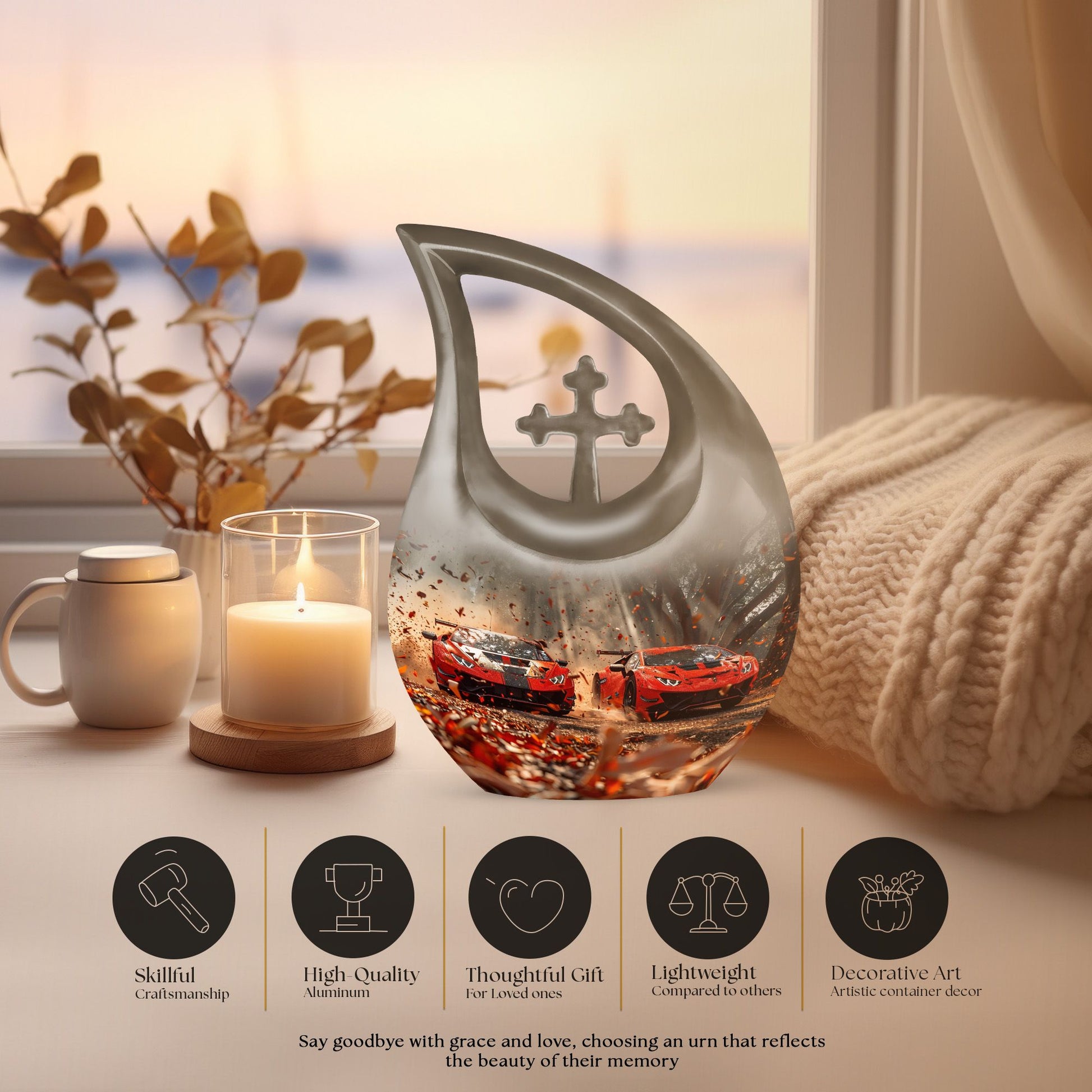 10 inch Cross Drop Car Urn, large aluminium memorial urn