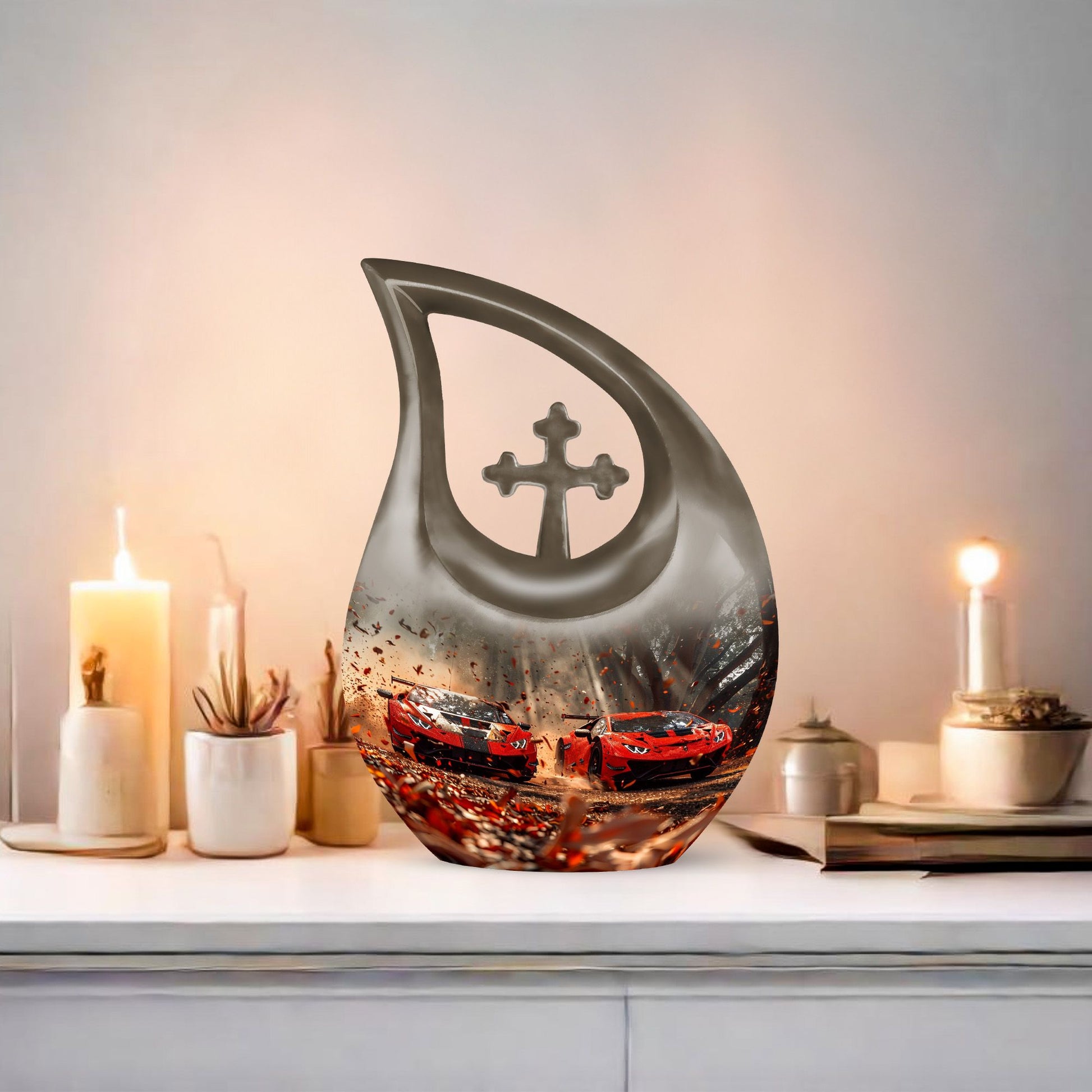 10 inch Cross Drop Car Urn, large aluminium memorial urn