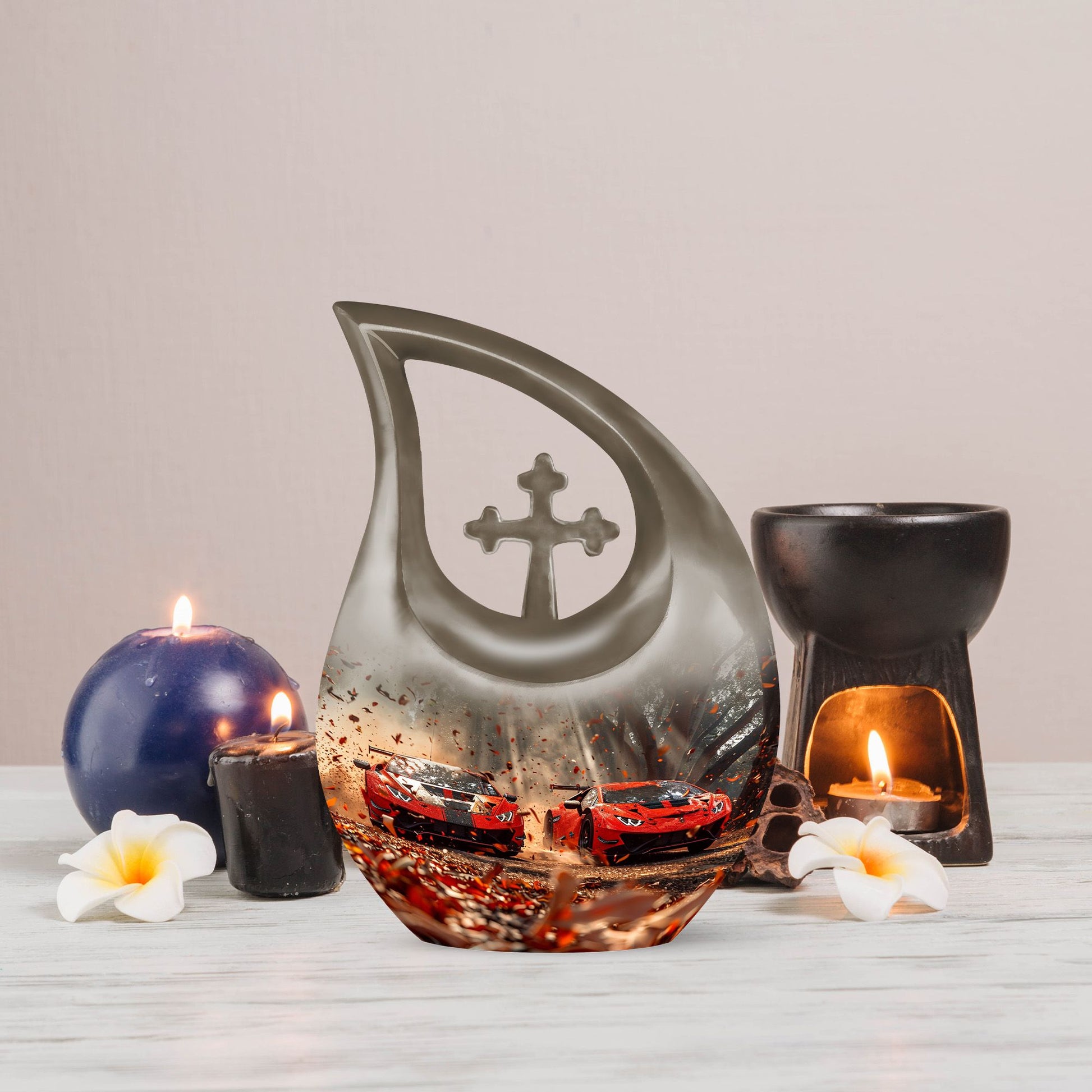 10 inch Cross Drop Car Urn, large aluminium memorial urn