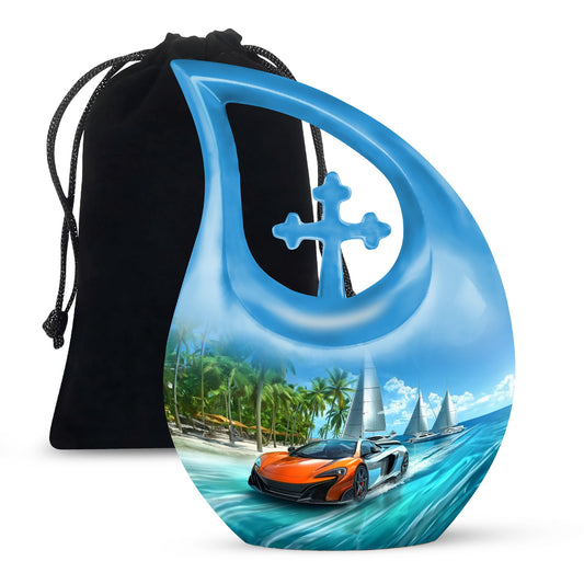 10-inch Car-themed Cross Drop Custom Mom Urn, 