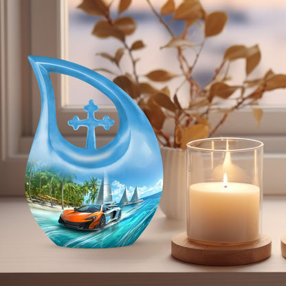 10-inch Car-themed Cross Drop Custom Mom Urn, 