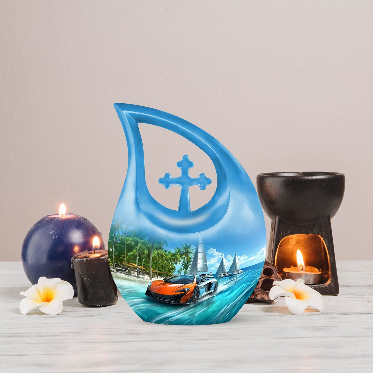 10-inch Car-themed Cross Drop Custom Mom Urn, 