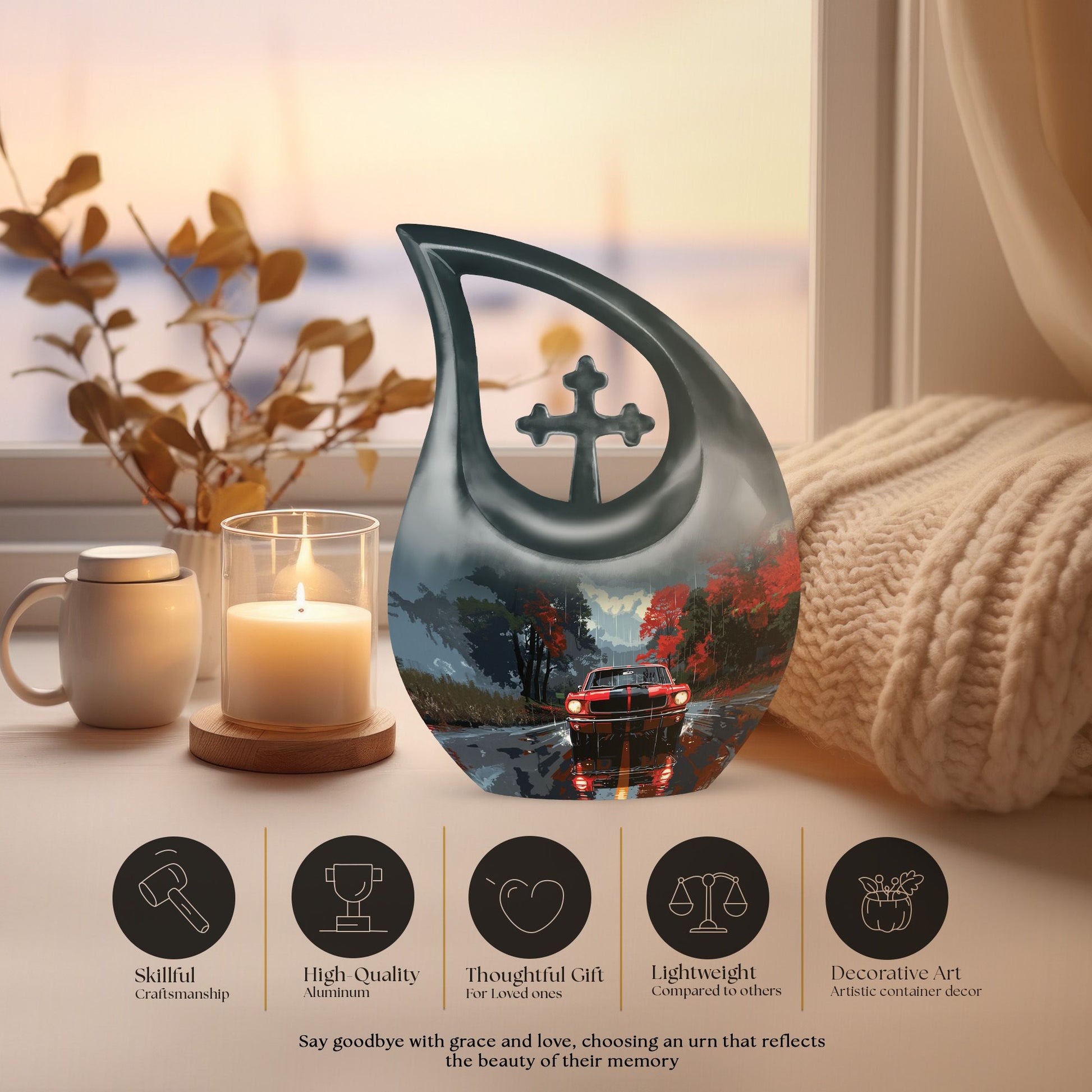 10 Inch Car themed Cross Drop Memorial Urn, 