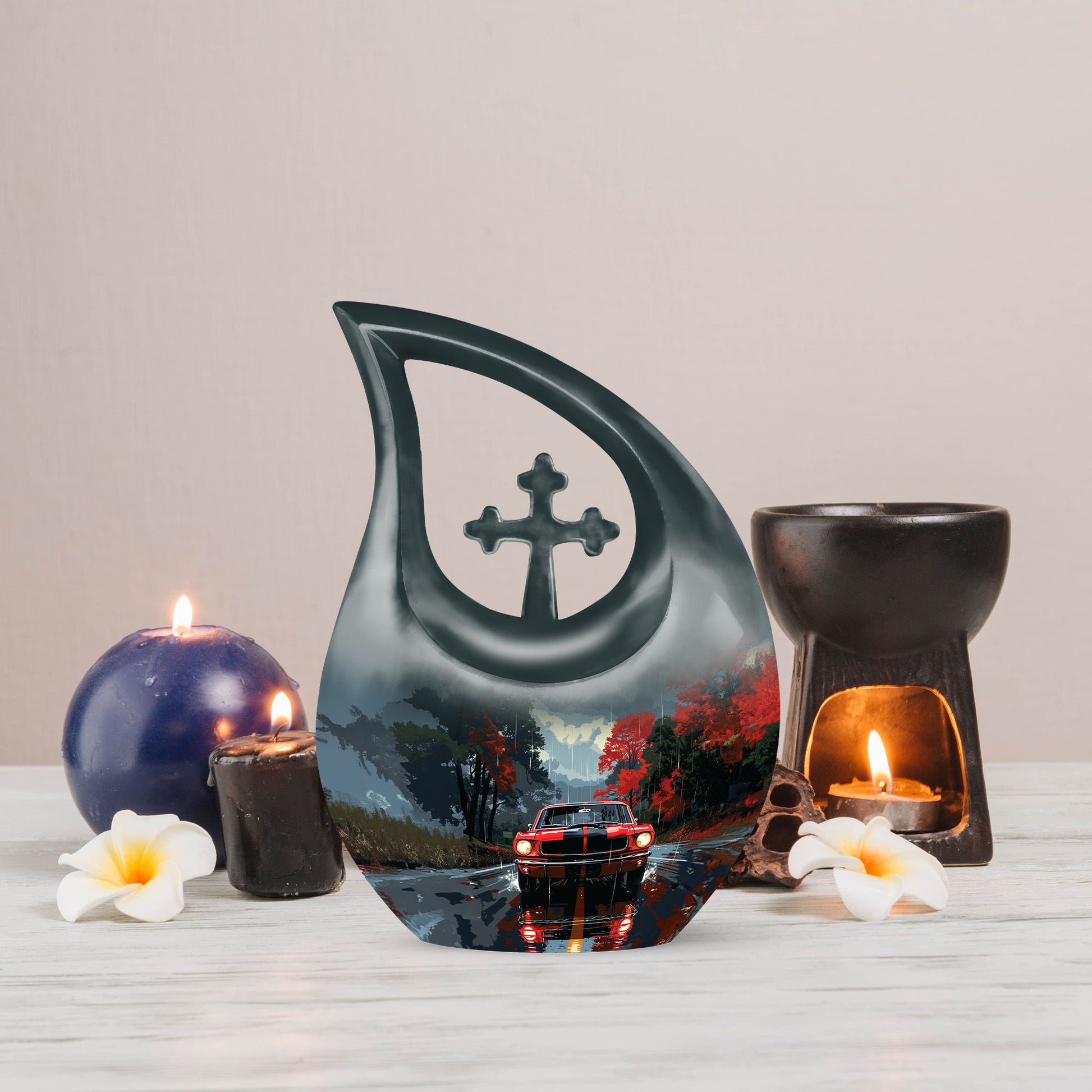 10 Inch Car themed Cross Drop Memorial Urn, 