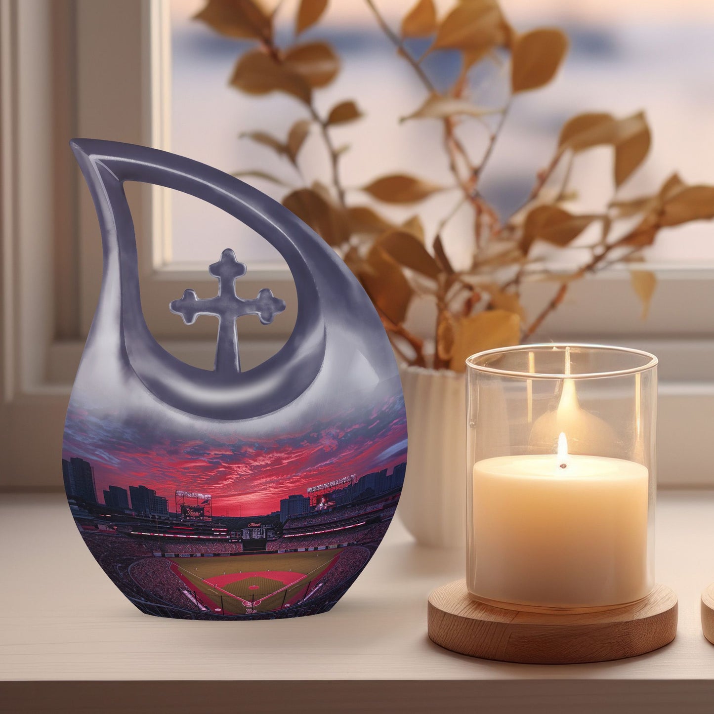Baseball-themed Cross Drop Baseball Urn 