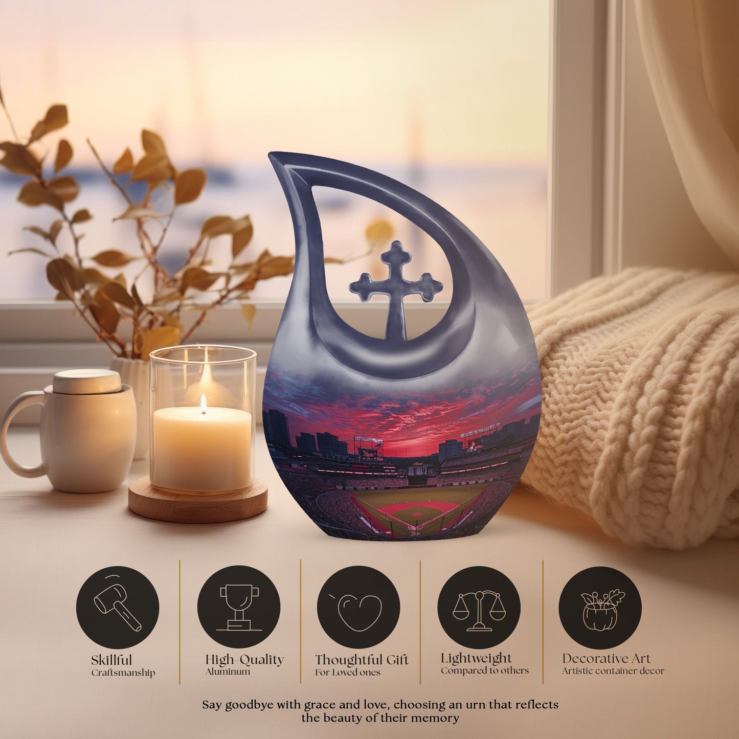 Baseball-themed Cross Drop Baseball Urn 