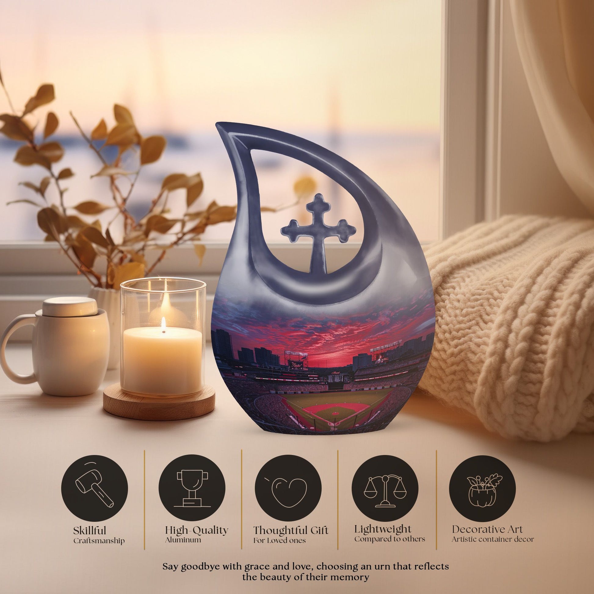 Baseball-themed Cross Drop Baseball Urn 