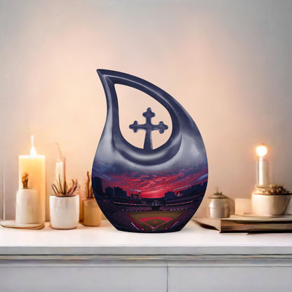 Baseball-themed Cross Drop Baseball Urn 