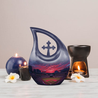 Baseball-themed Cross Drop Baseball Urn 
