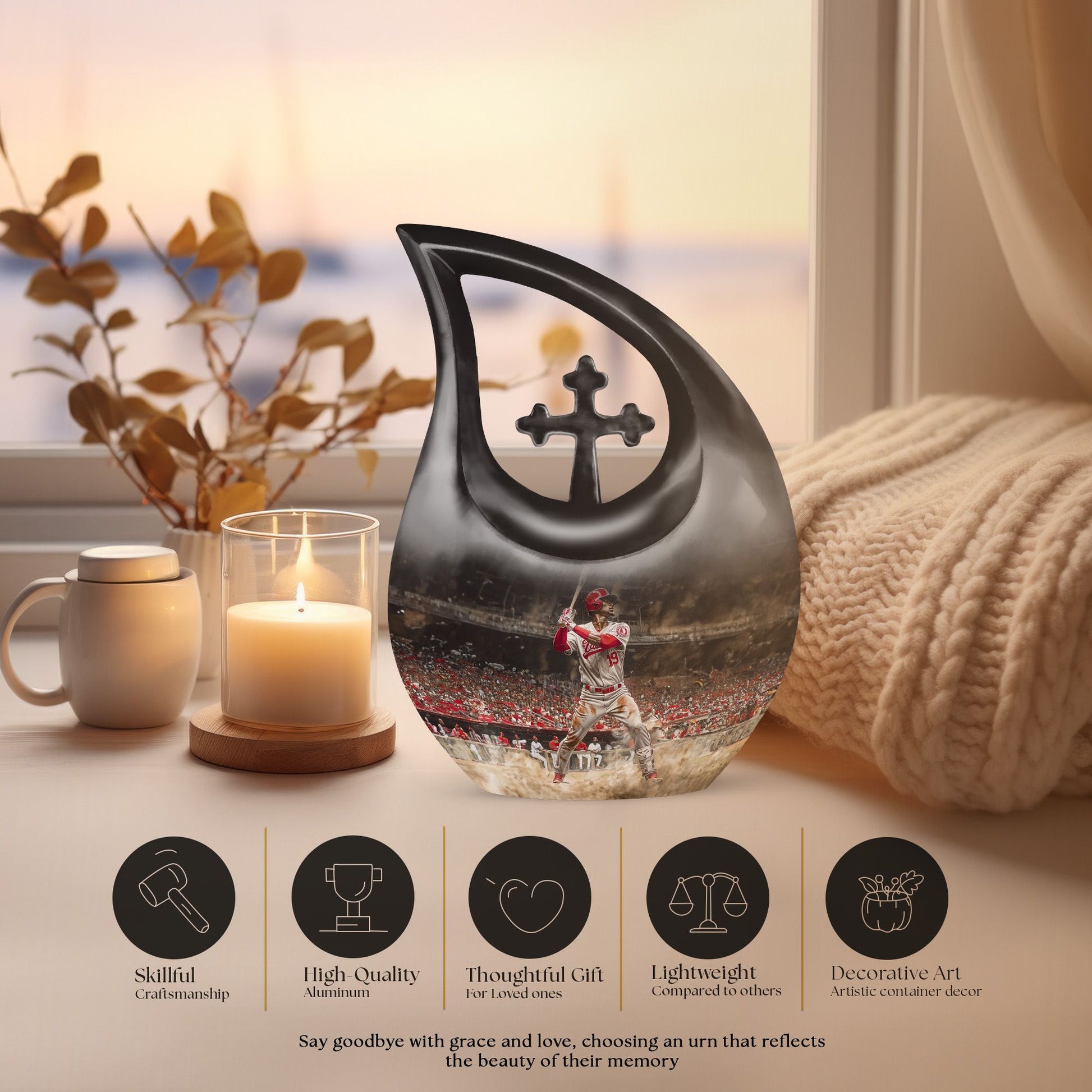 10-inch Baseball Urn, Cross Drop design, 