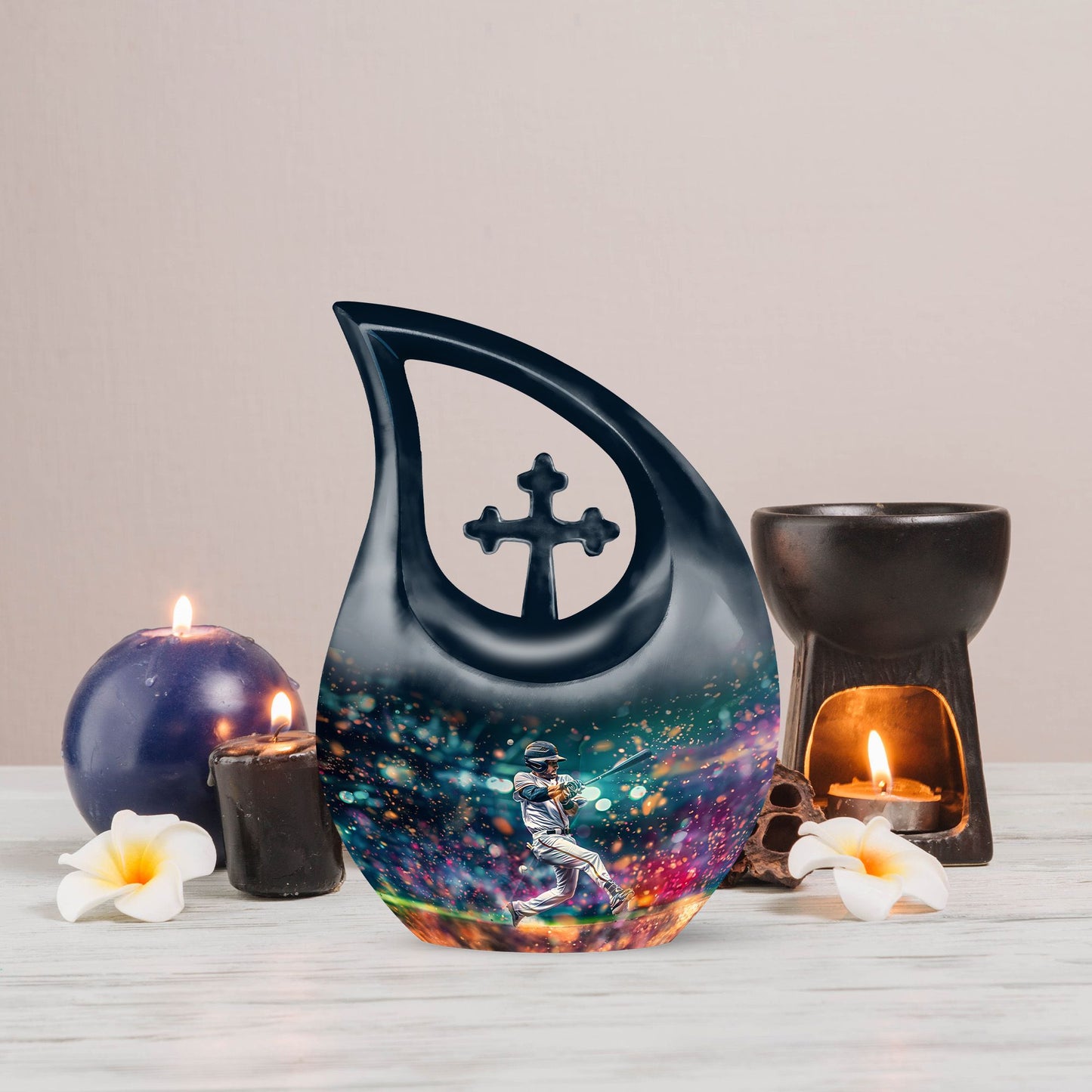 Baseball themed Cross Drop design medium size Baseball Urn 