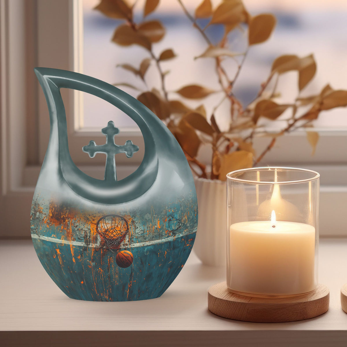 Cross-drop design Basketball-themed memorial urn, 