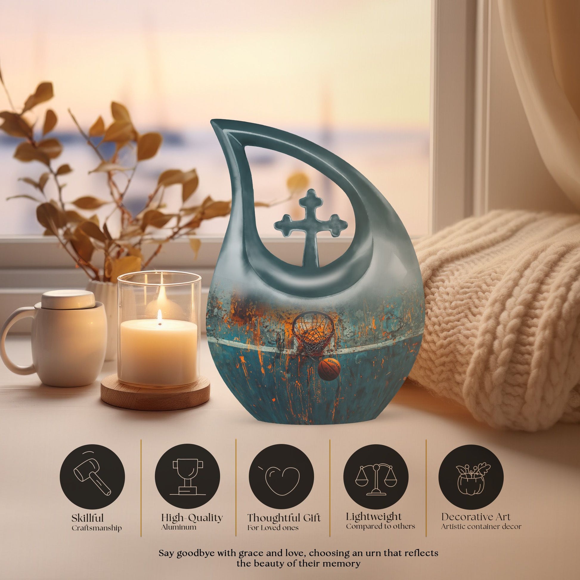 Cross-drop design Basketball-themed memorial urn, 