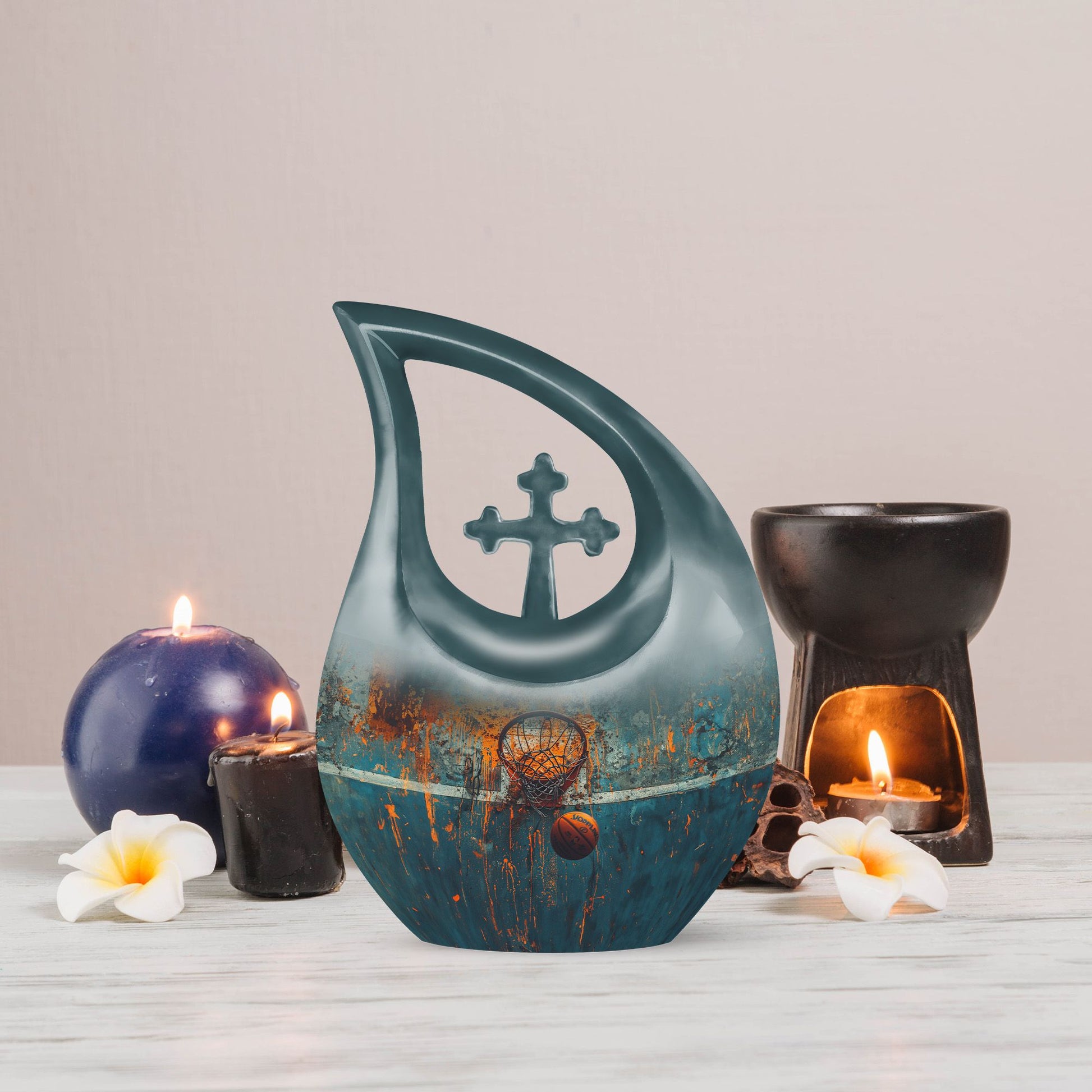 Cross-drop design Basketball-themed memorial urn, 
