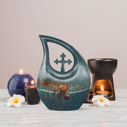 Cross-drop design Basketball-themed memorial urn, 