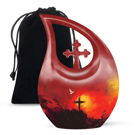 10-inch Cross Drop aluminium urn in a velvet pouch, personalized engraving option