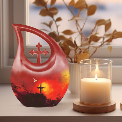10-inch Cross Drop aluminium urn in a velvet pouch, personalized engraving option