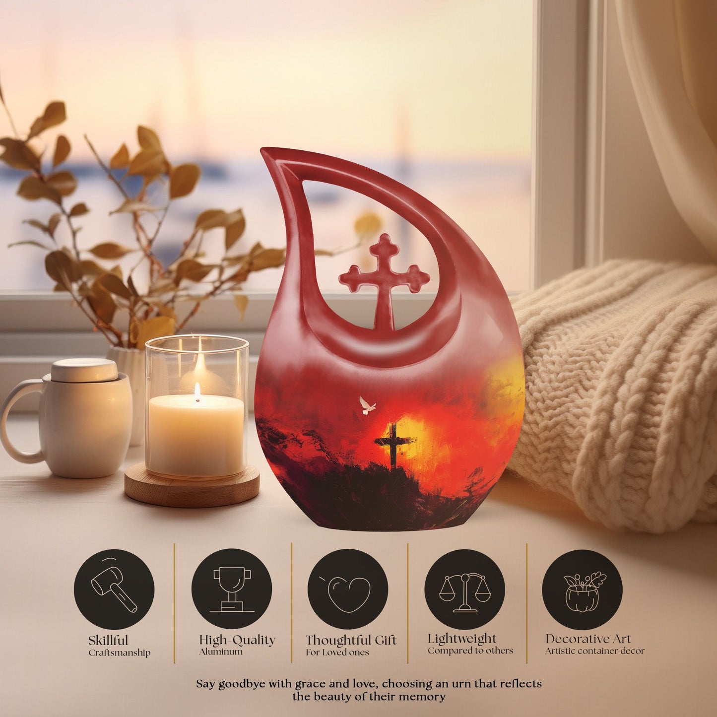 10-inch Cross Drop aluminium urn in a velvet pouch, personalized engraving option