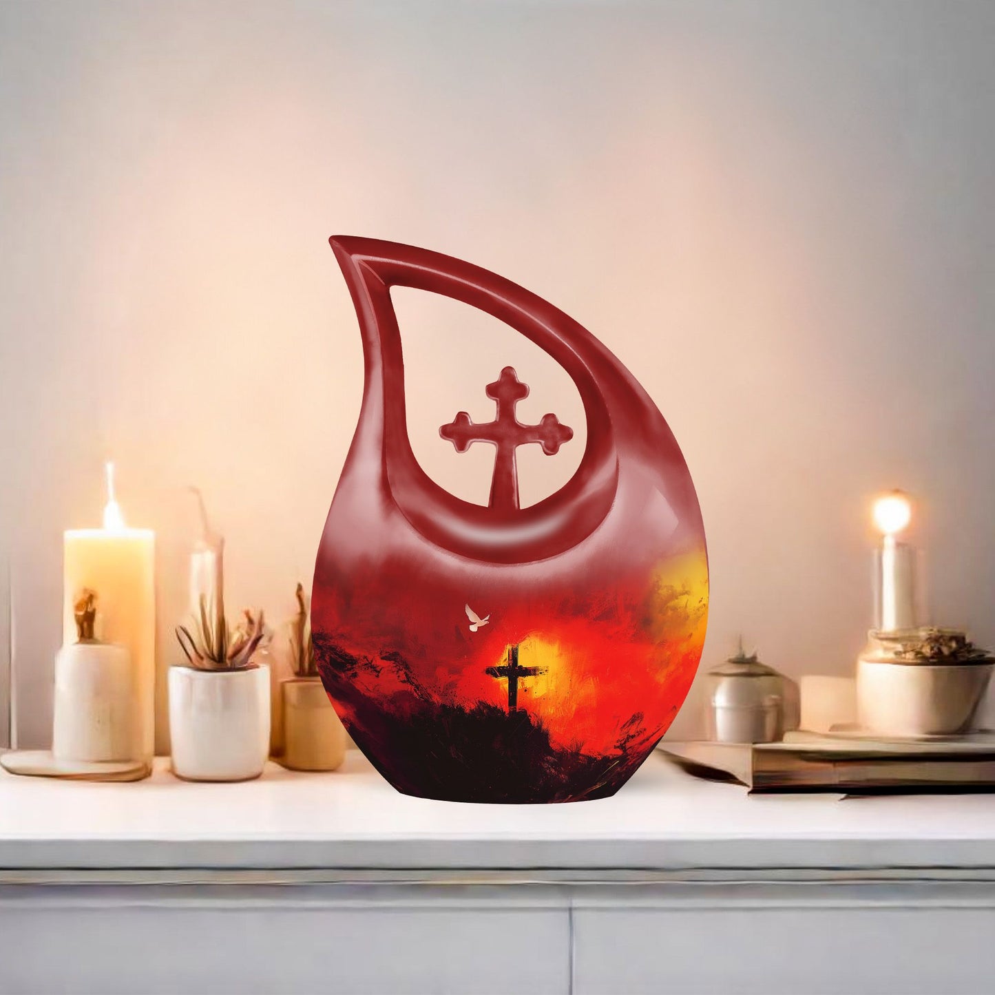 10-inch Cross Drop aluminium urn in a velvet pouch, personalized engraving option