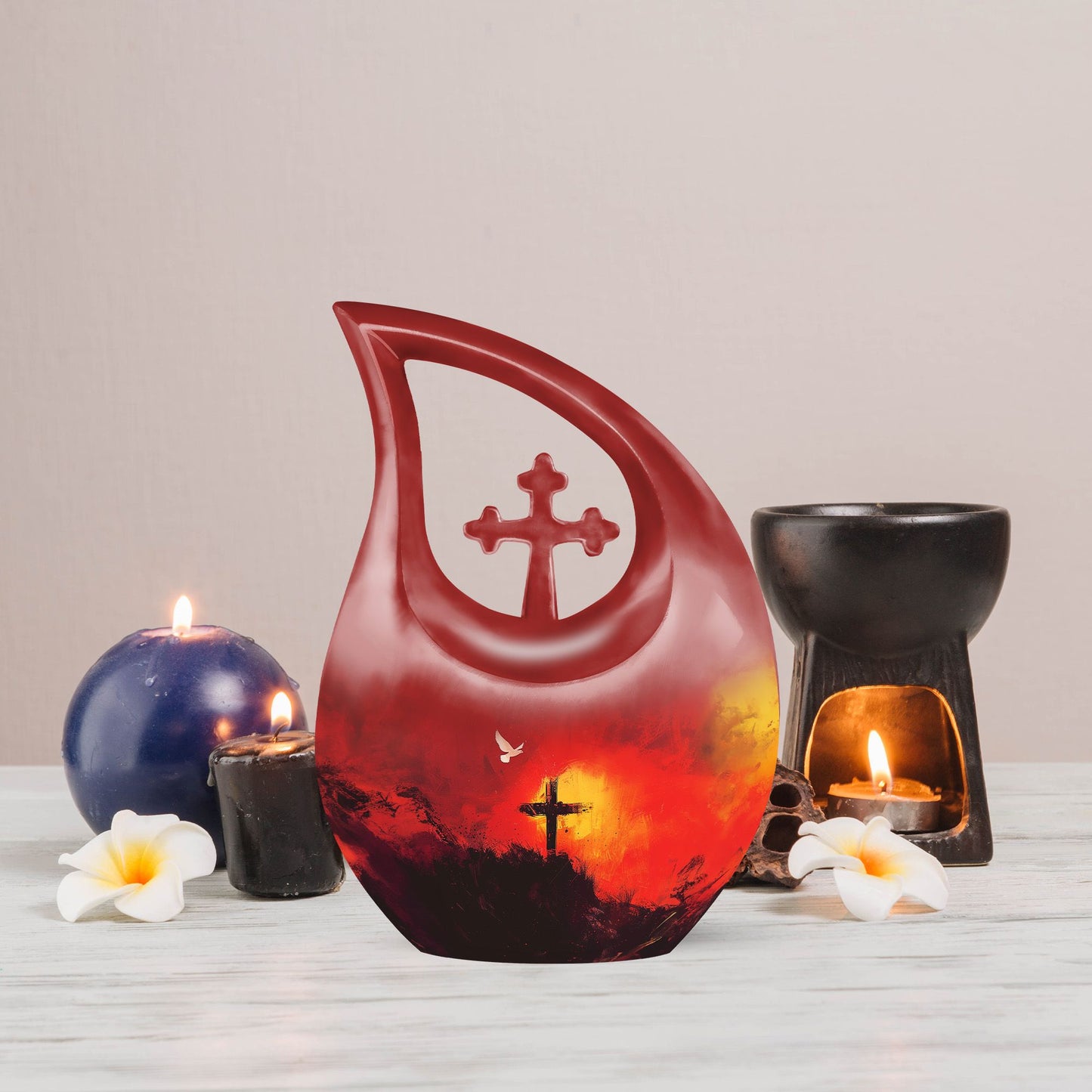10-inch Cross Drop aluminium urn in a velvet pouch, personalized engraving option