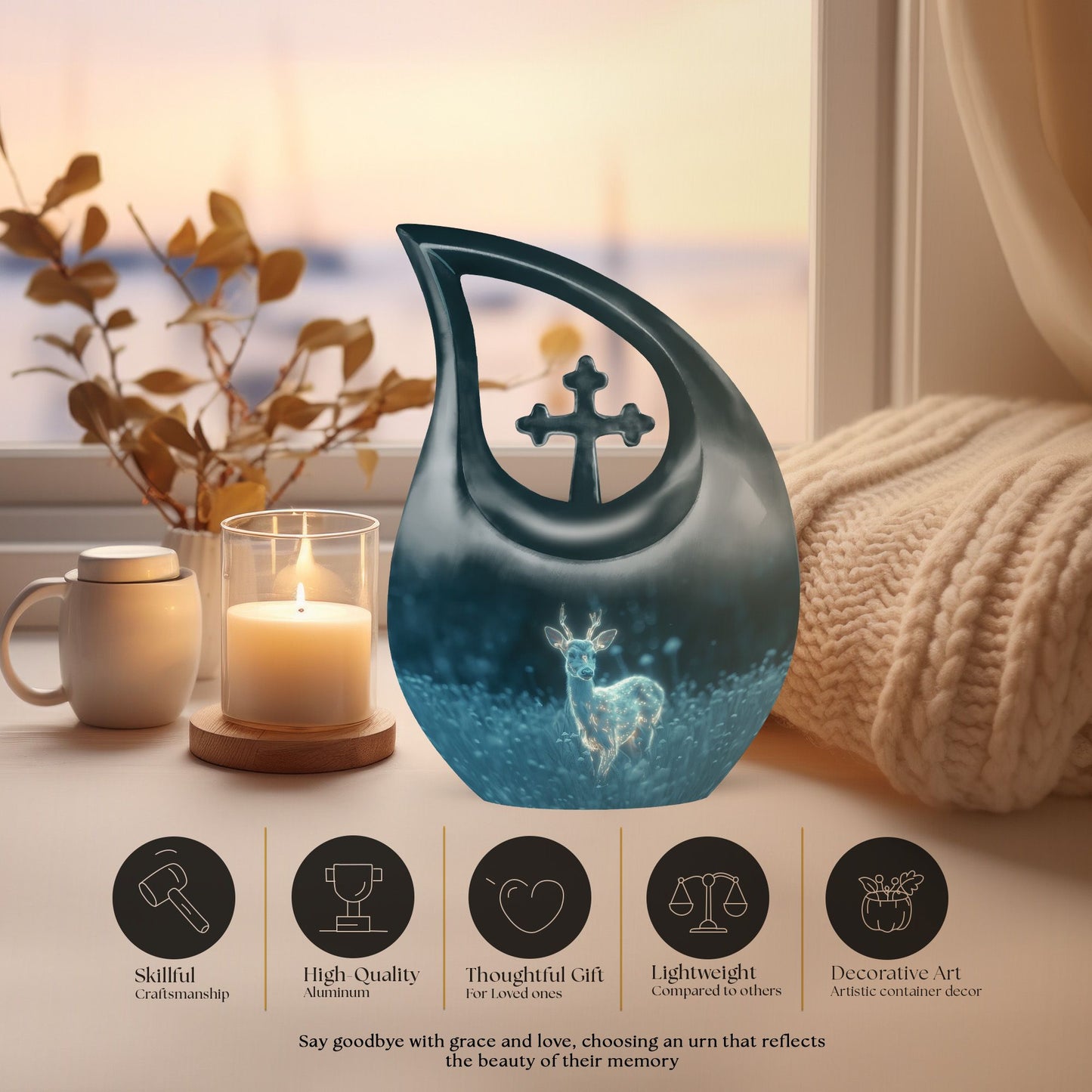 10-inch Deer-themed Cross Drop design Aluminium Large Urn