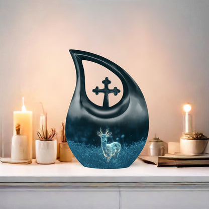 10-inch Deer-themed Cross Drop design Aluminium Large Urn