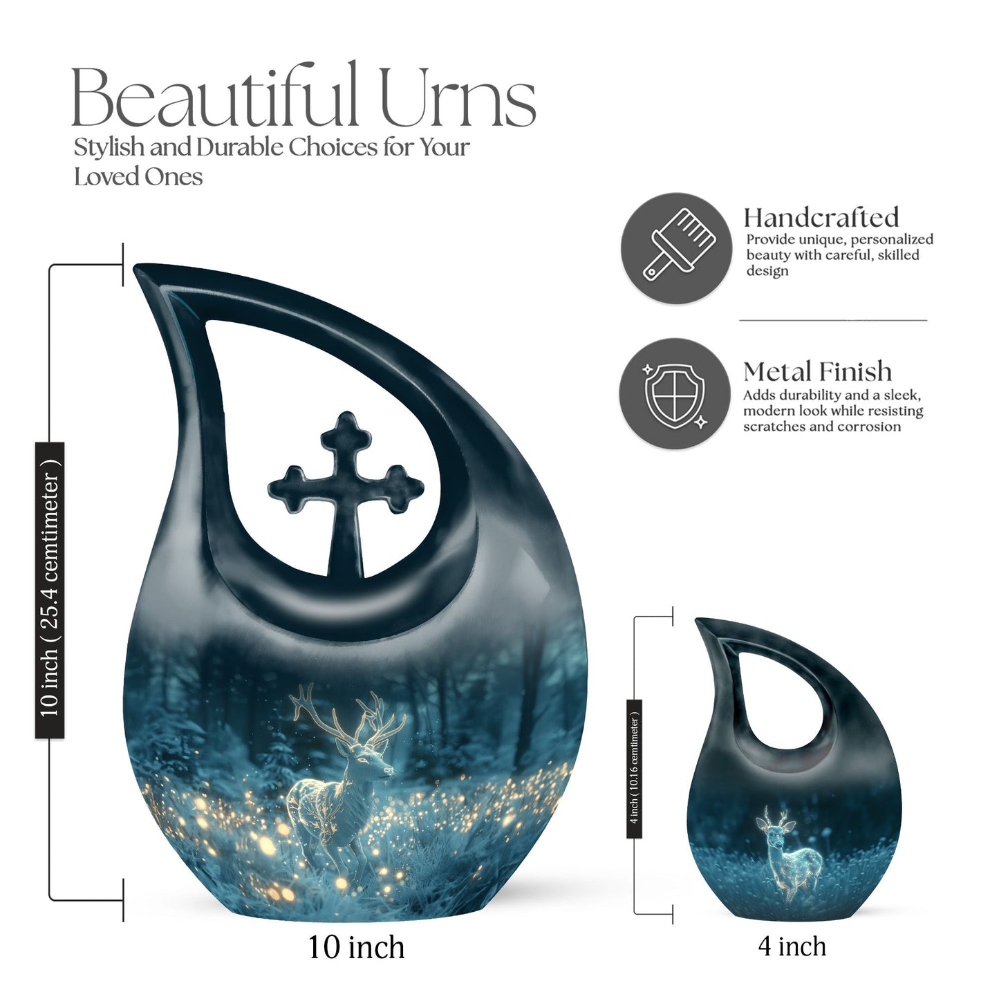 10-inch Deer Themed Cross Drop Design Large Cremation Urn 
