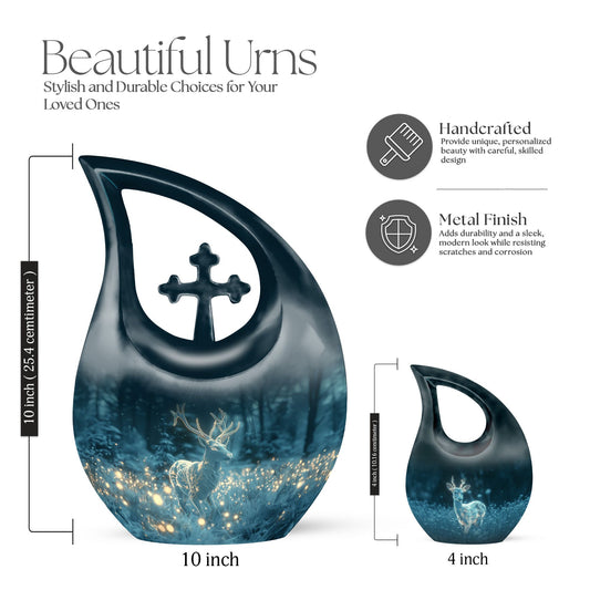 10-inch Deer Themed Cross Drop Design Large Cremation Urn 