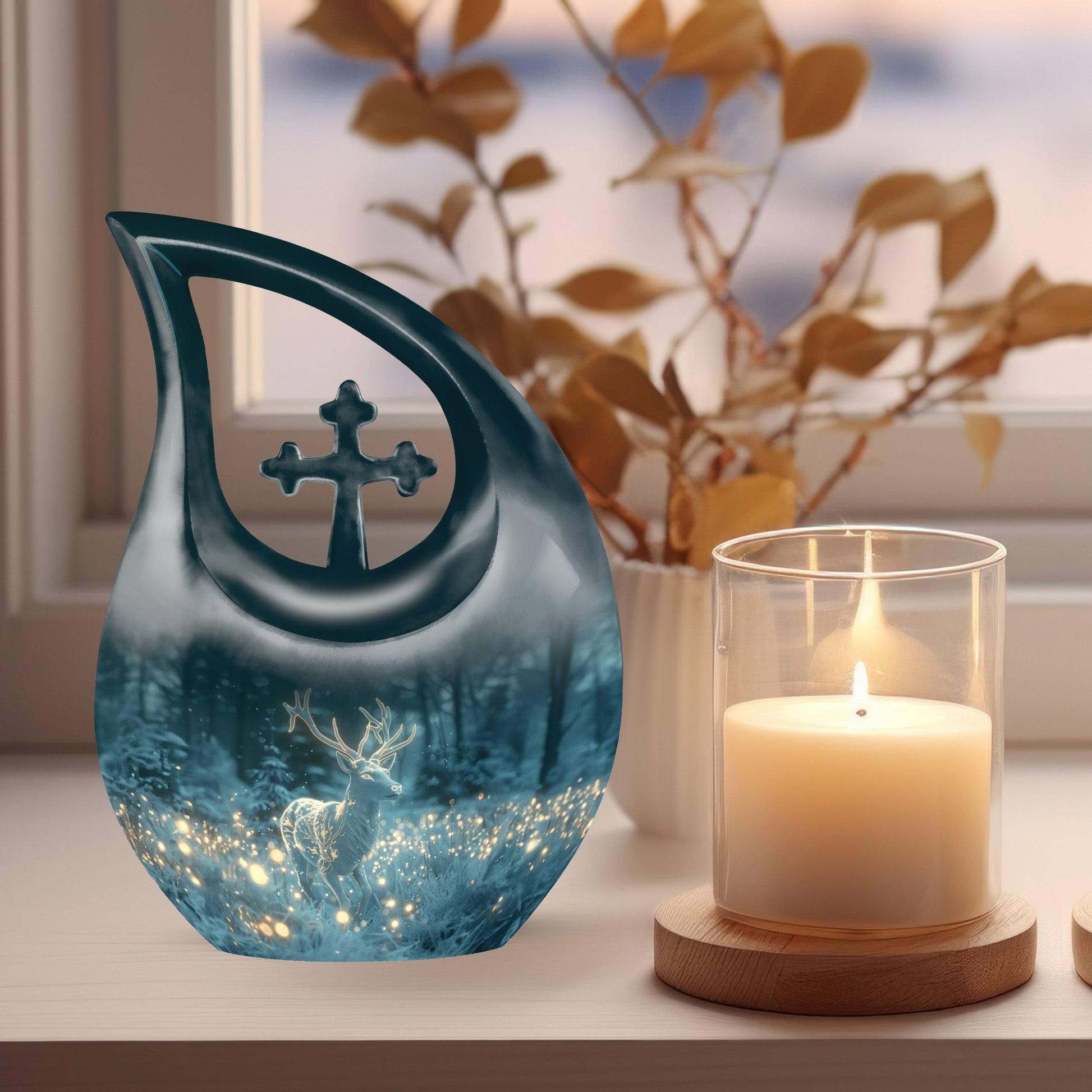 10-inch Deer Themed Cross Drop Design Large Cremation Urn 