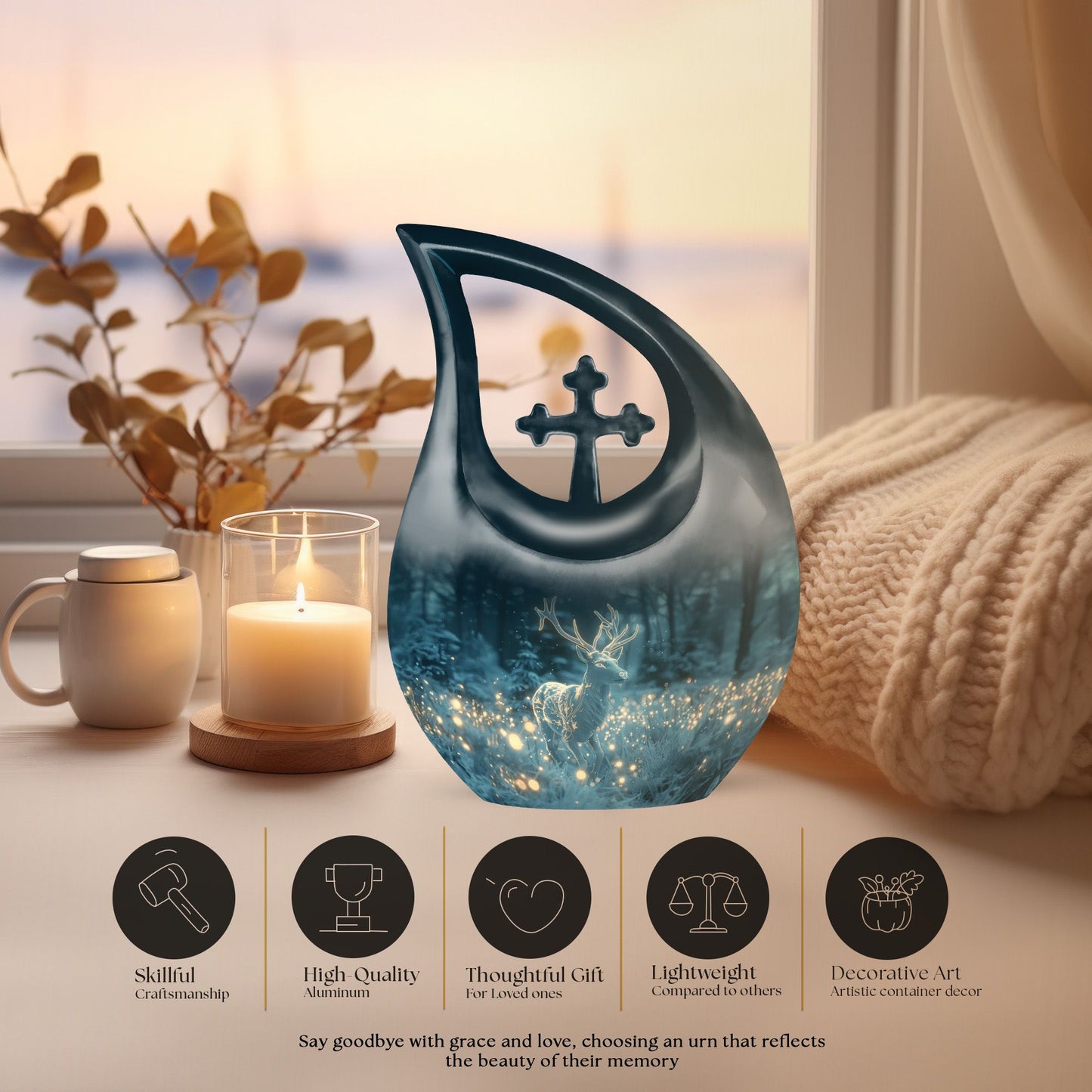 10-inch Deer Themed Cross Drop Design Large Cremation Urn 