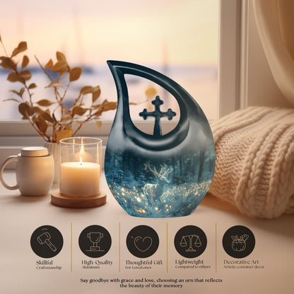 10-inch Deer Themed Cross Drop Design Large Cremation Urn 