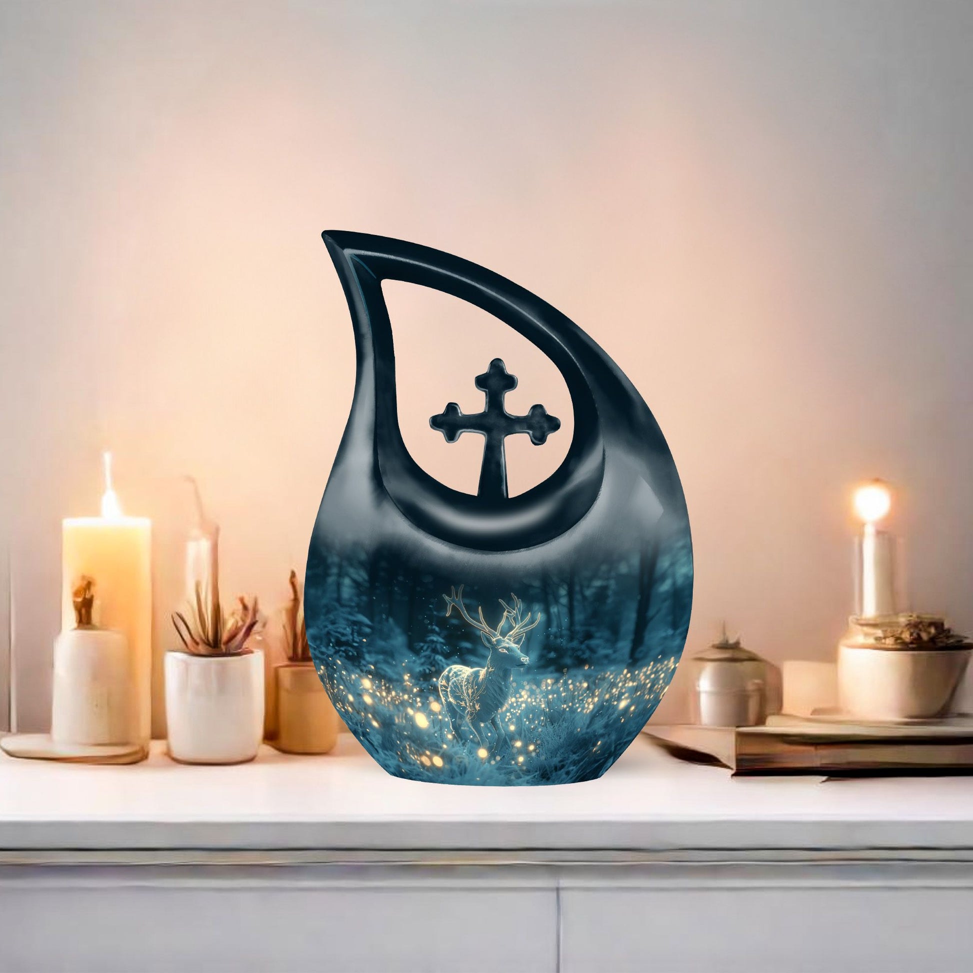 10-inch Deer Themed Cross Drop Design Large Cremation Urn 