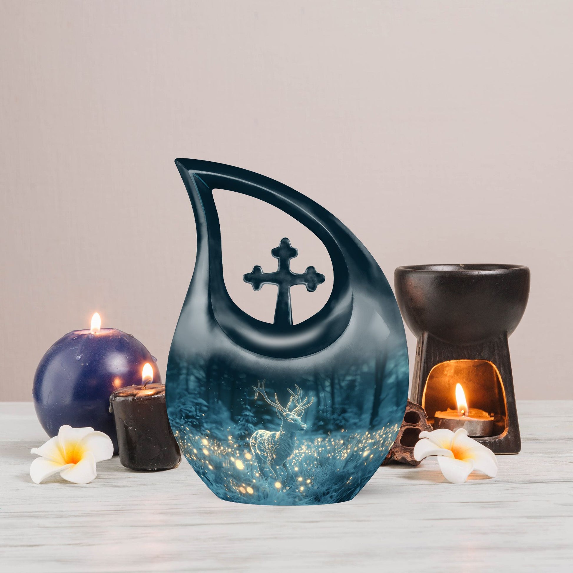 10-inch Deer Themed Cross Drop Design Large Cremation Urn 