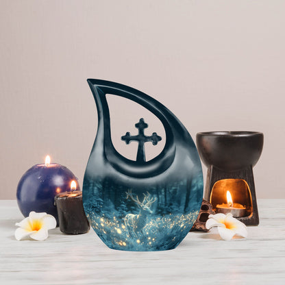 10-inch Deer Themed Cross Drop Design Large Cremation Urn 