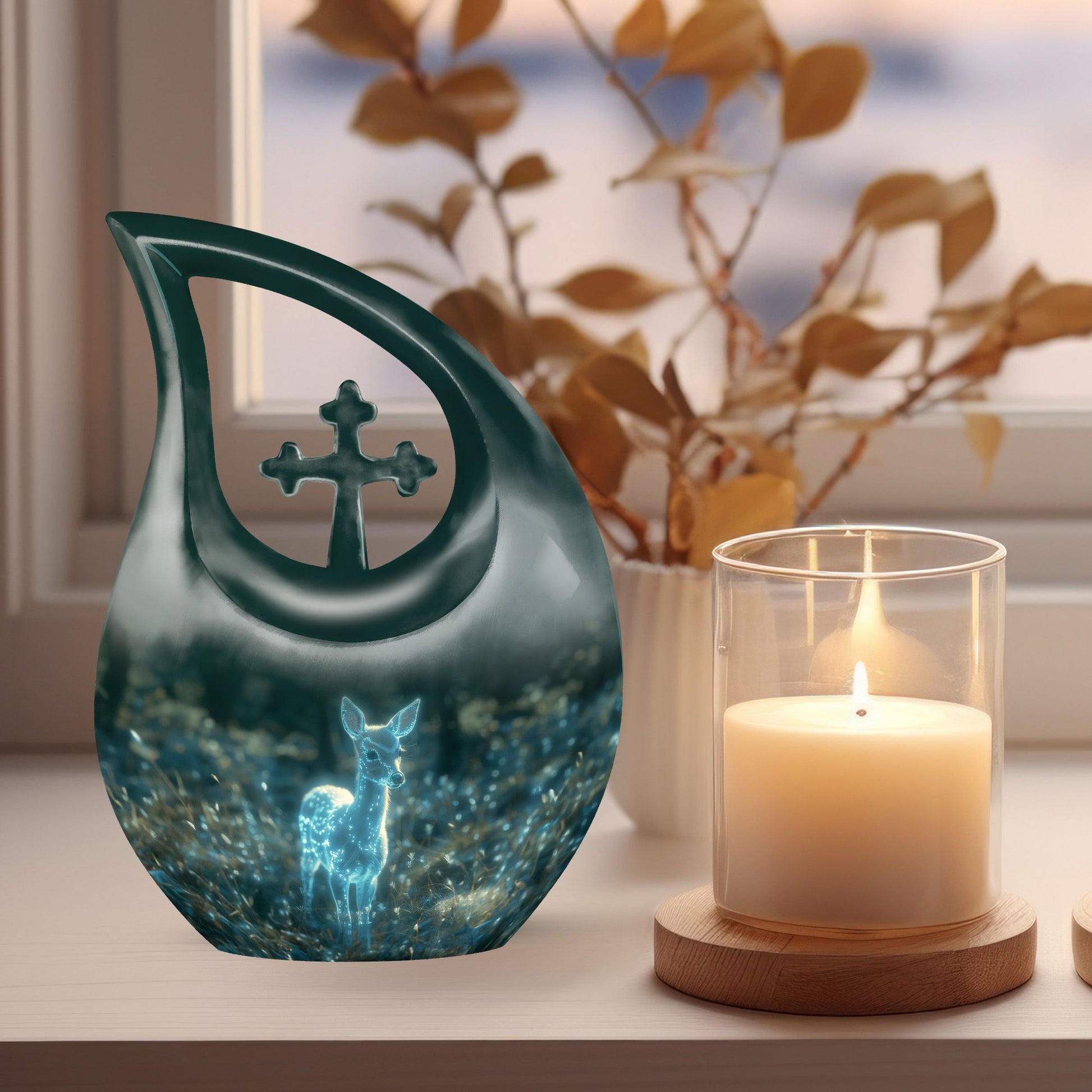 10-inch Deer Urn vase with Cross Drop design