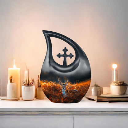 10 Inch Deer-themed Cross Drop Cremation Urn