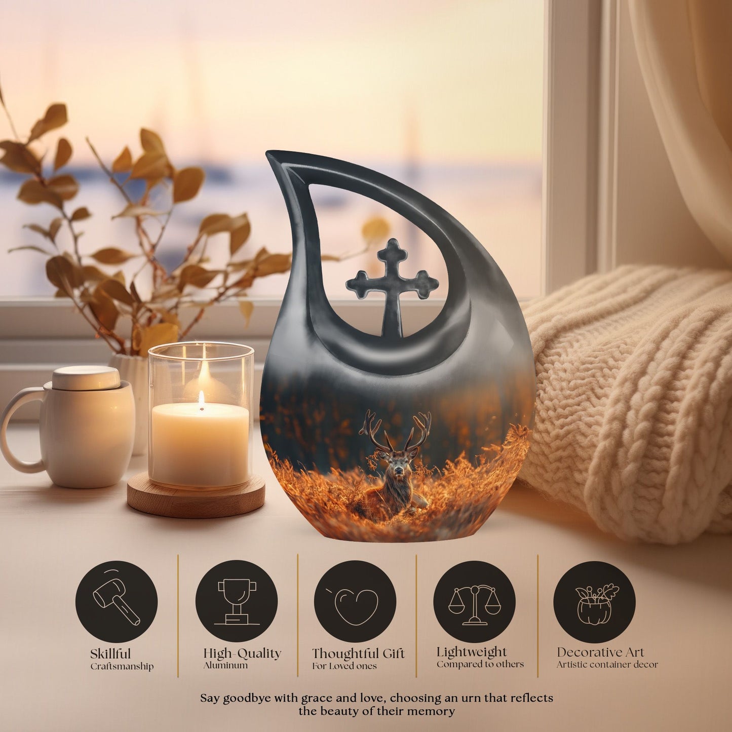 10-inch Deer Themed Cross Drop Large Urn