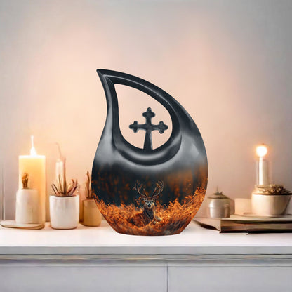 10-inch Deer Themed Cross Drop Large Urn