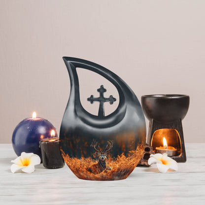 10-inch Deer Themed Cross Drop Large Urn