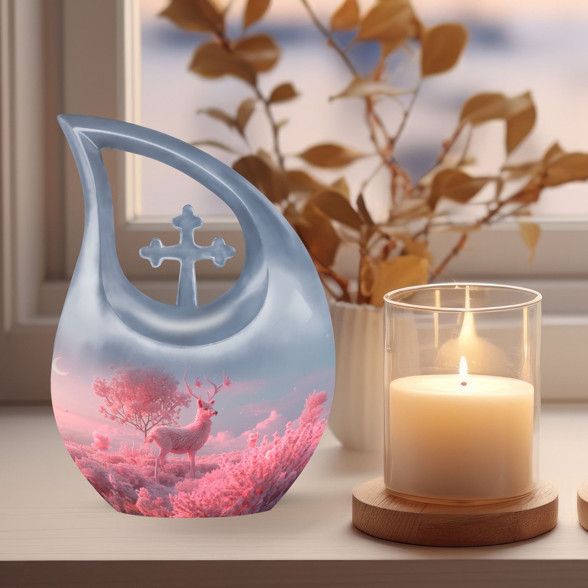 10-inch Deer themed Cross Drop design Memorial Urn