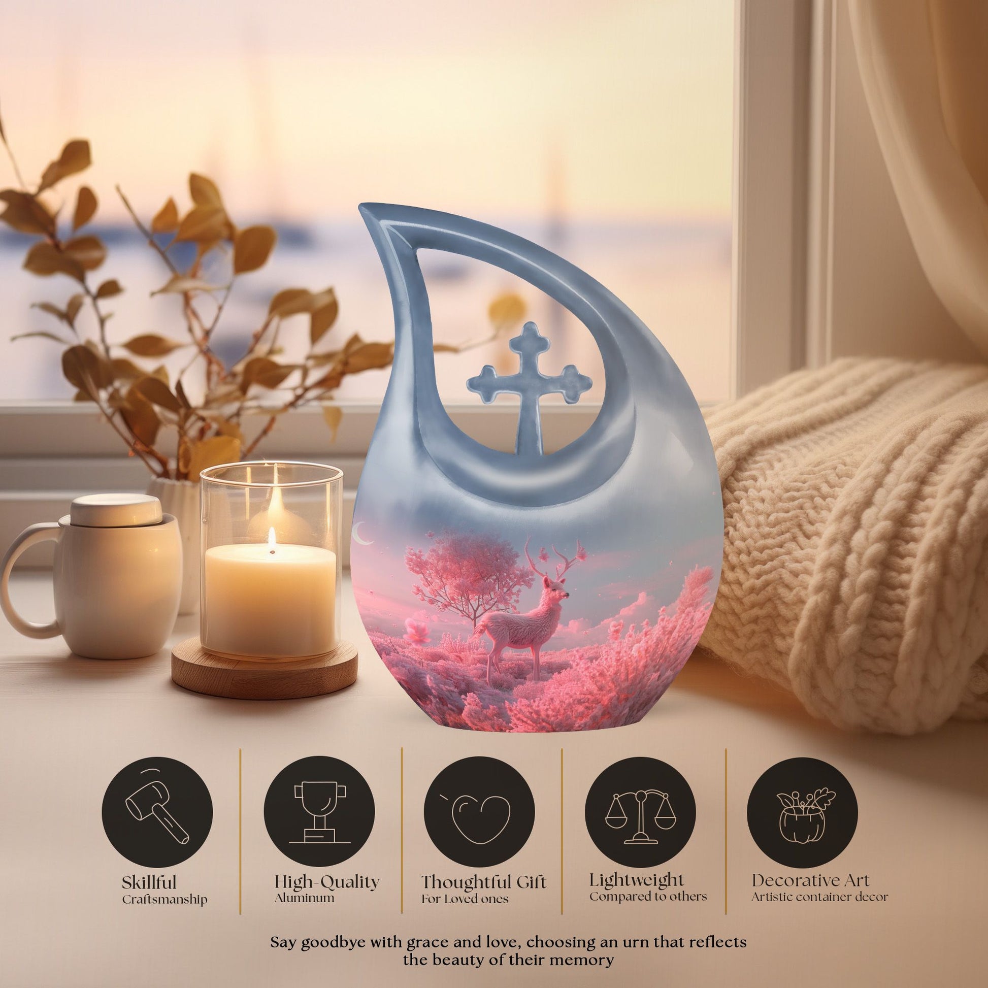 10-inch Deer themed Cross Drop design Memorial Urn