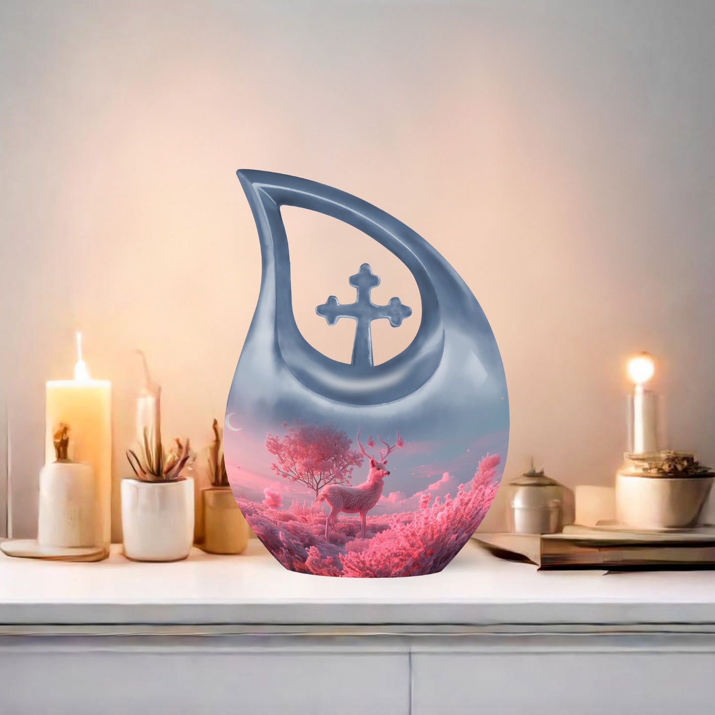 10-inch Deer themed Cross Drop design Memorial Urn
