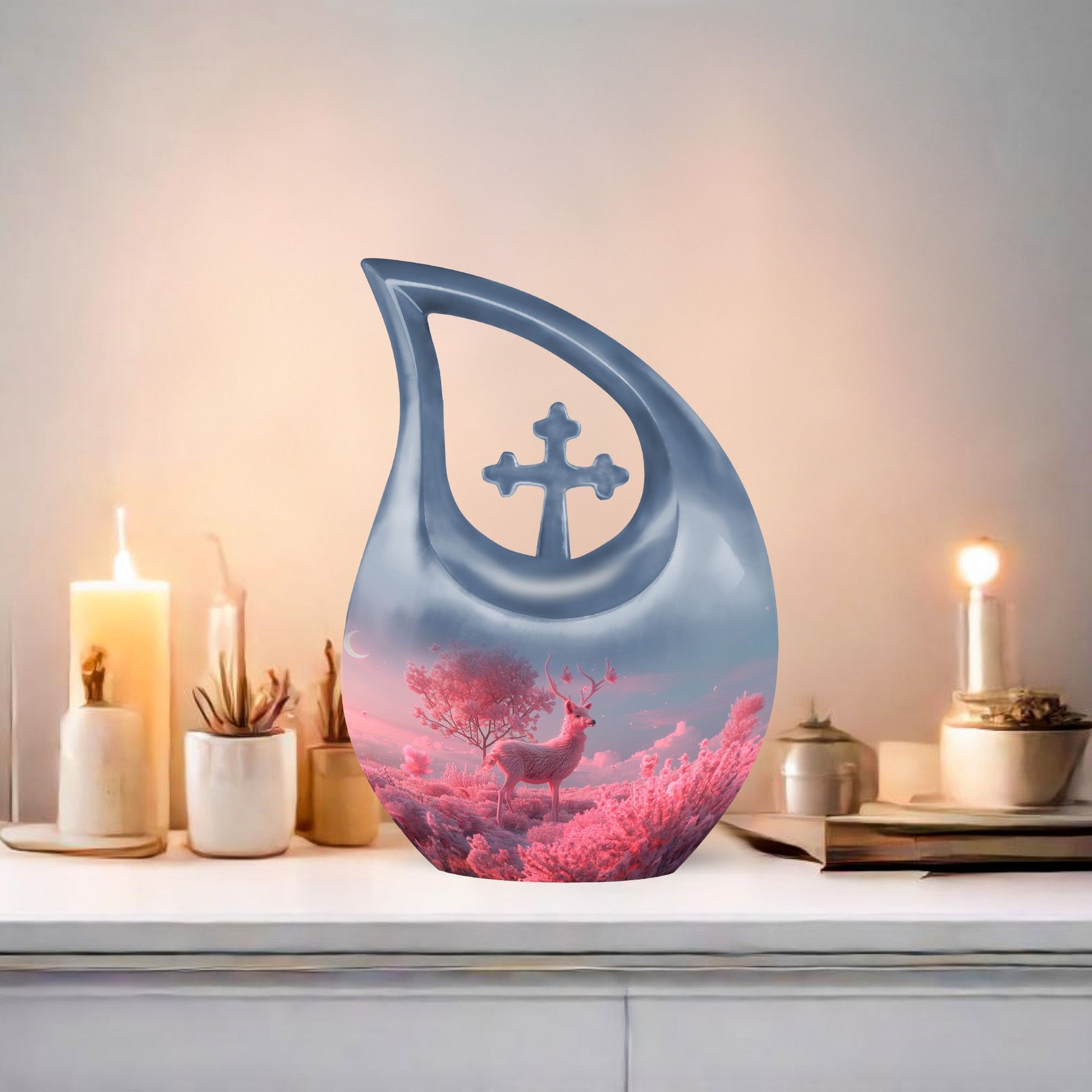 10-inch Deer themed Cross Drop design Memorial Urn