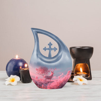 10-inch Deer themed Cross Drop design Memorial Urn