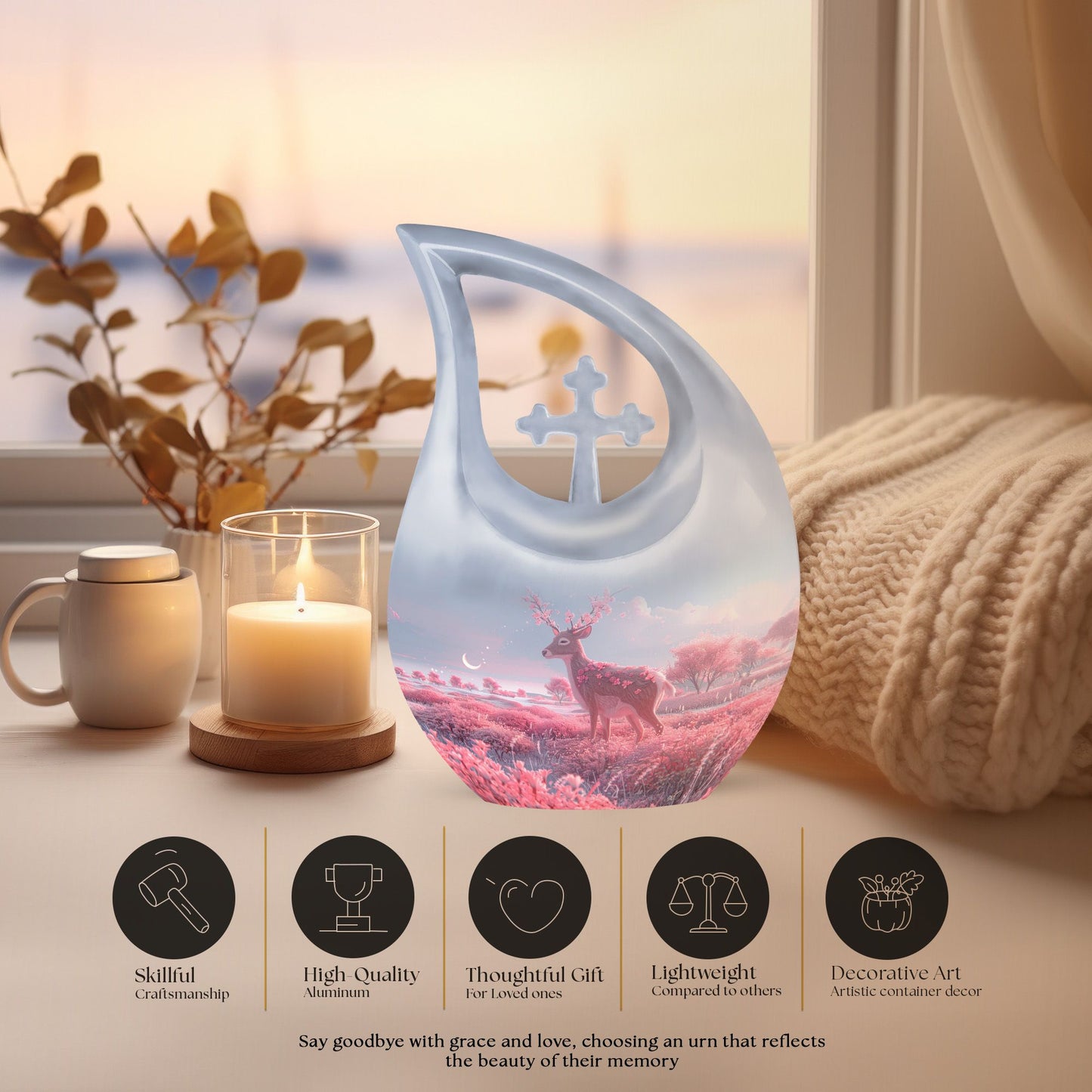 10-inch deer-themed aluminium cremation urn 