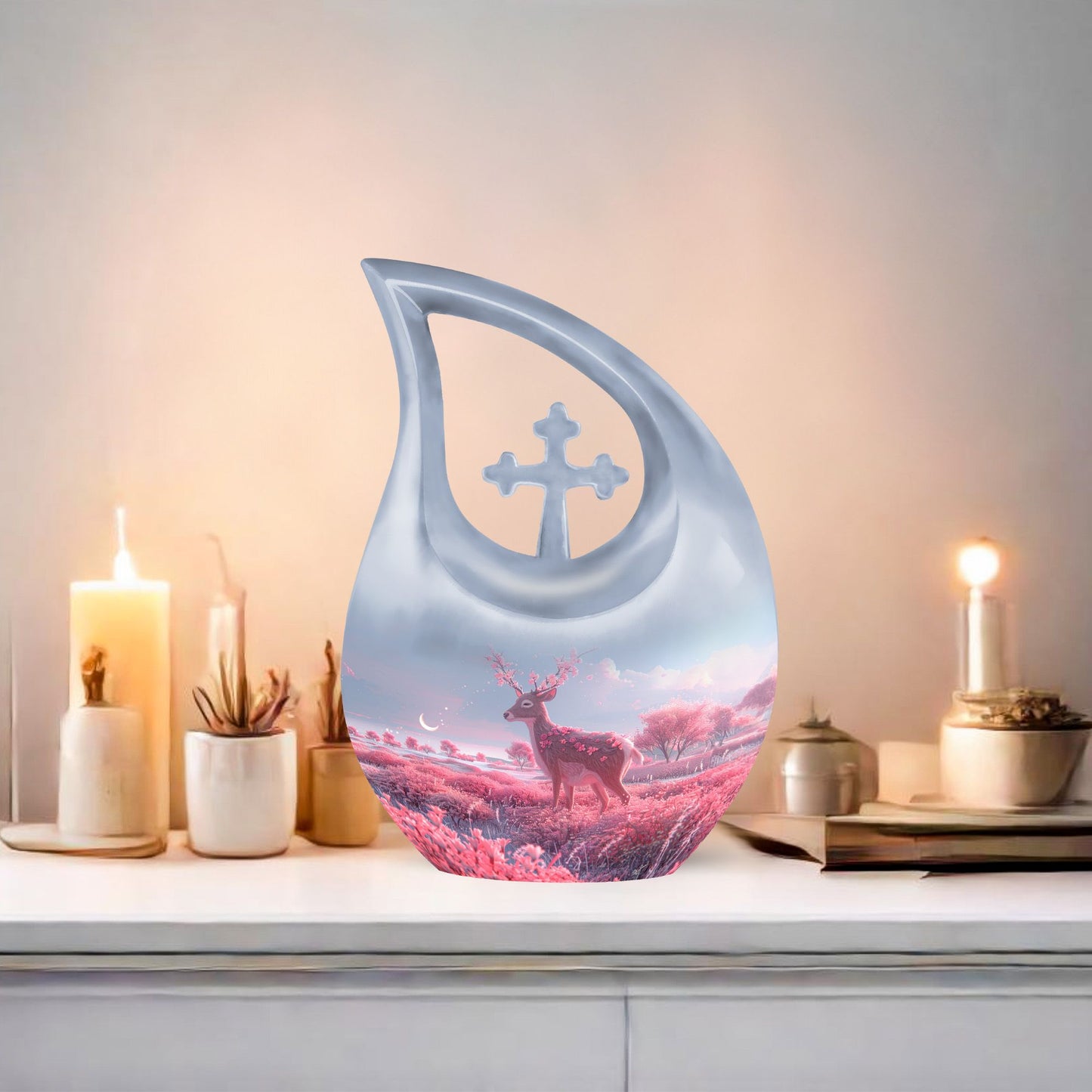 10-inch deer-themed aluminium cremation urn 