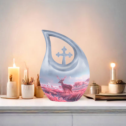 10-inch deer-themed aluminium cremation urn 