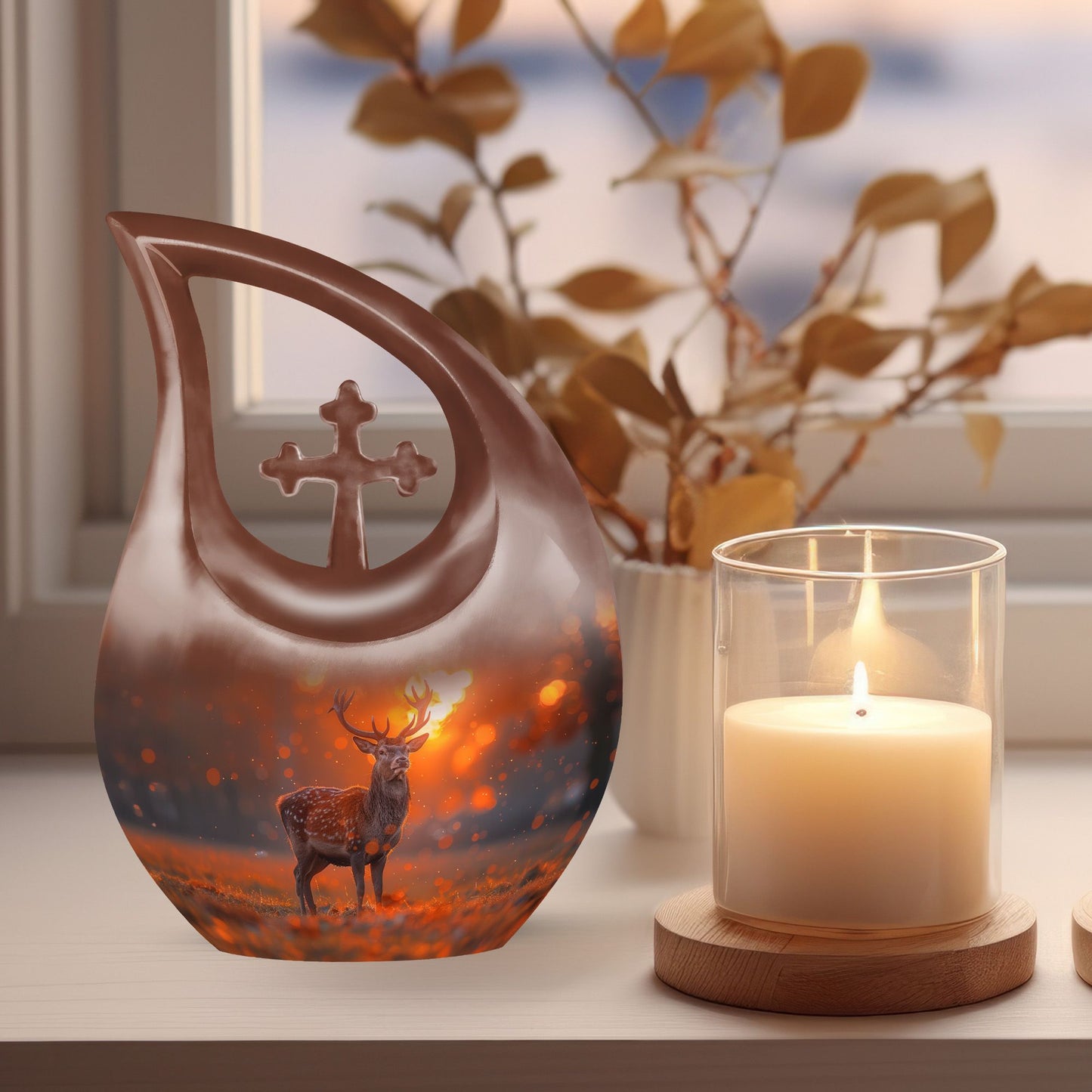 10 inch Deer themed Cross Drop memorial urn 