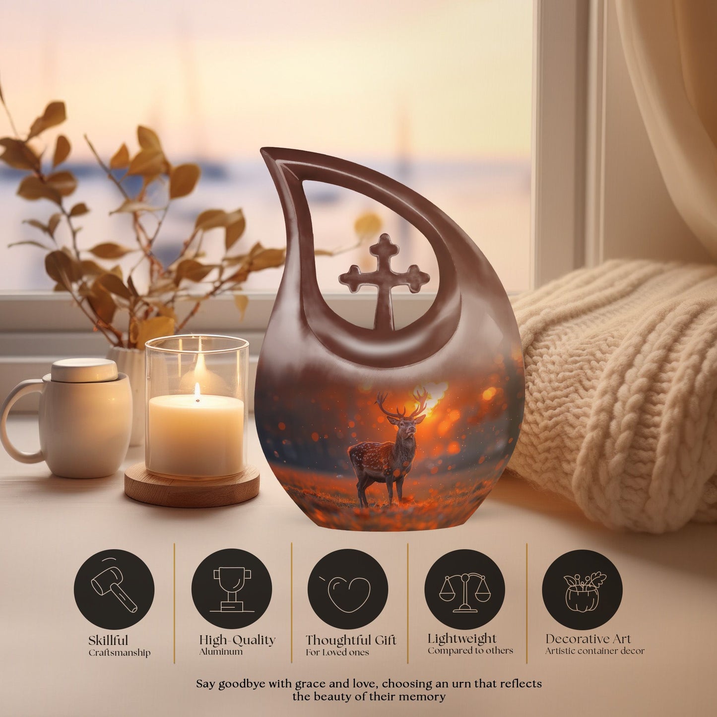 10 inch Deer themed Cross Drop memorial urn 